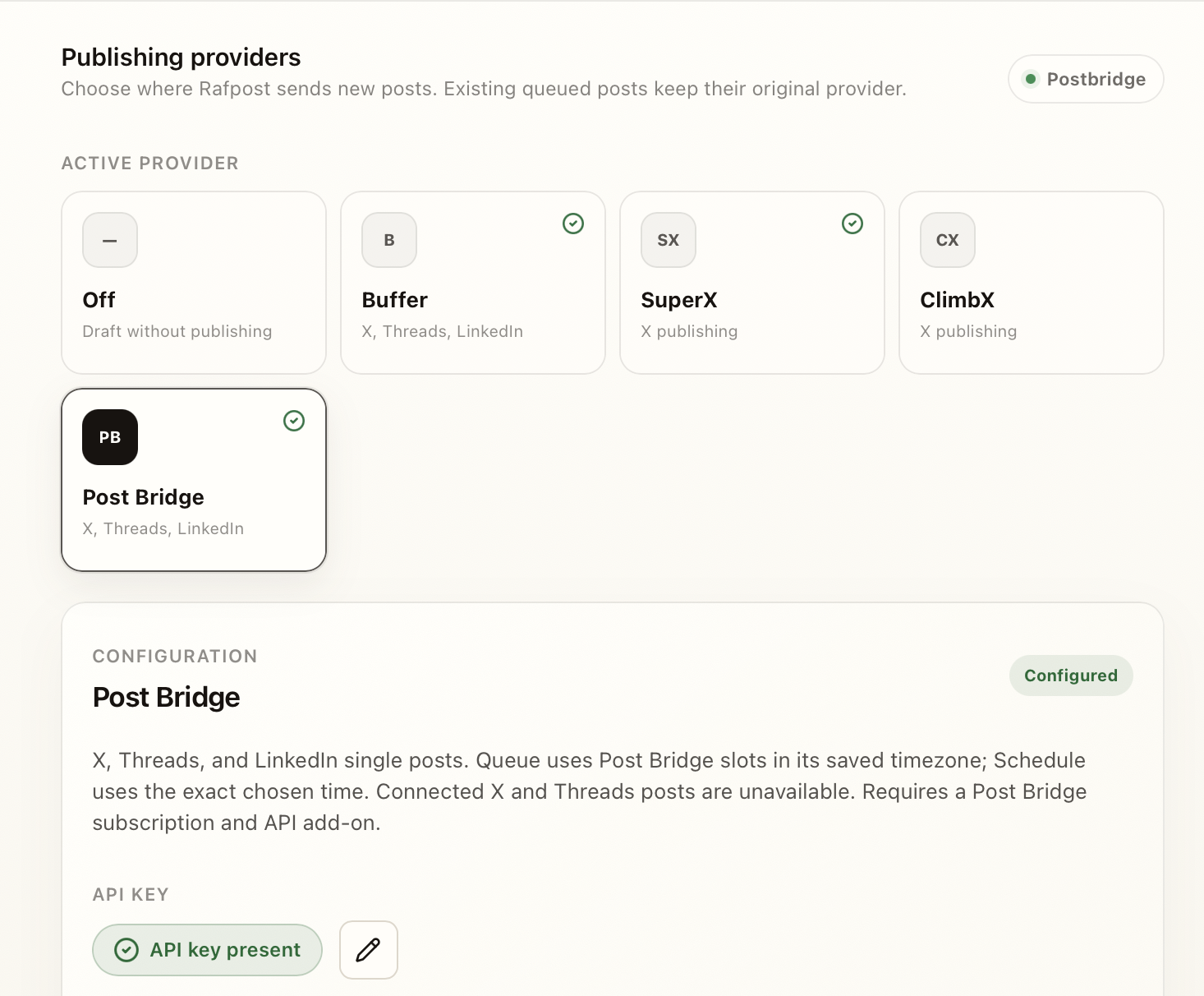 Rafpost publishing providers — Buffer, SuperX, ClimbX, Post Bridge